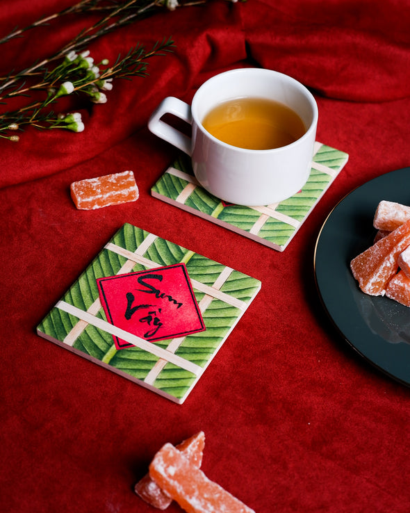 Bộ gạch lót ly BÁNH CHƯNG XANH - CÂU ĐỐI ĐỎ